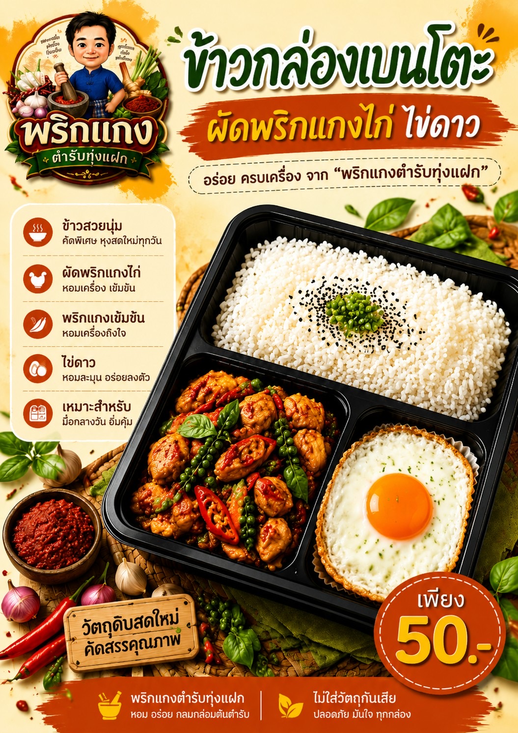 ข้าวกล่องเบนโตะ ผัดพริกแกงไก่ ไข่ดาว